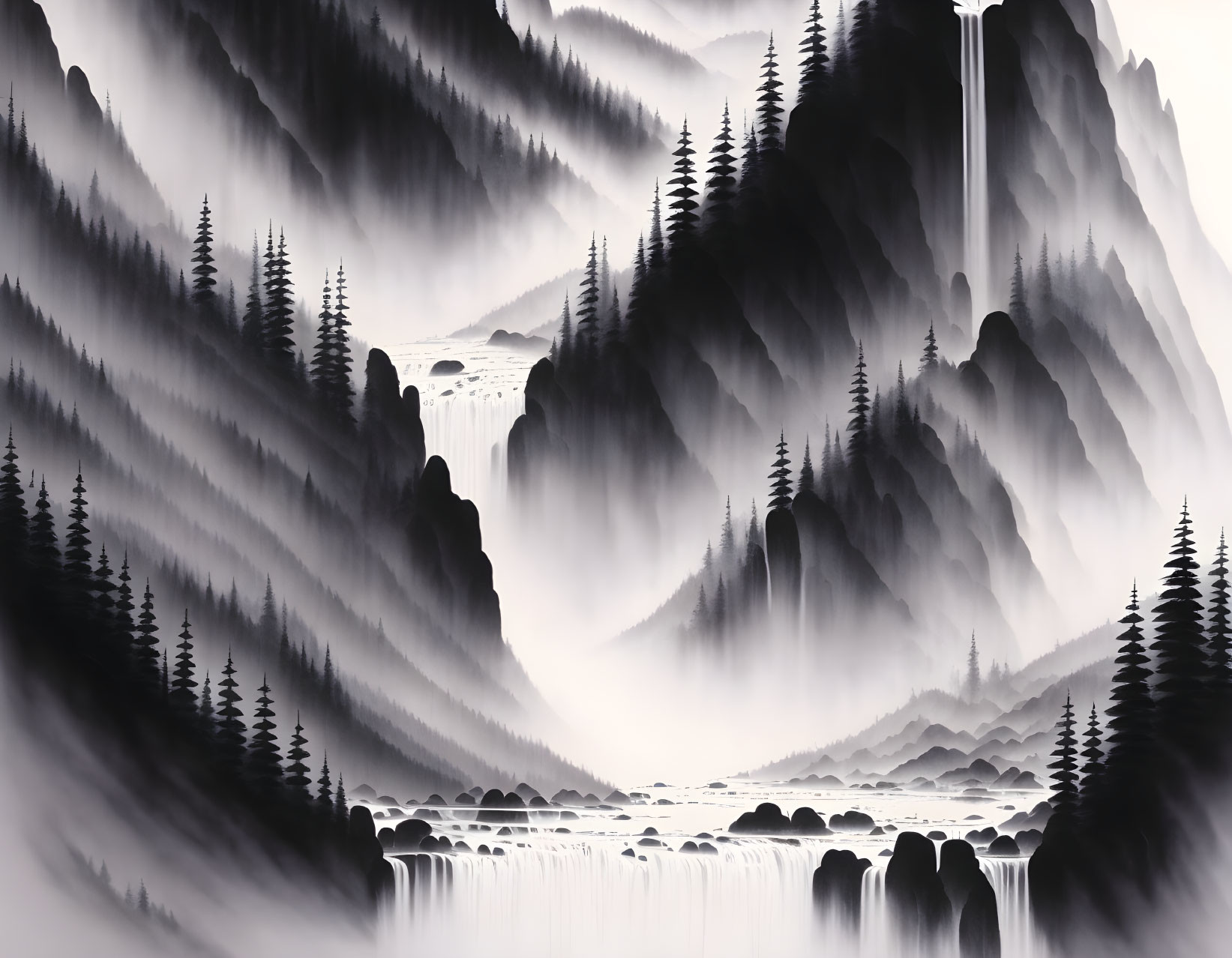 Monochromatic landscape art: misty mountains, dense forests, waterfall, serene river