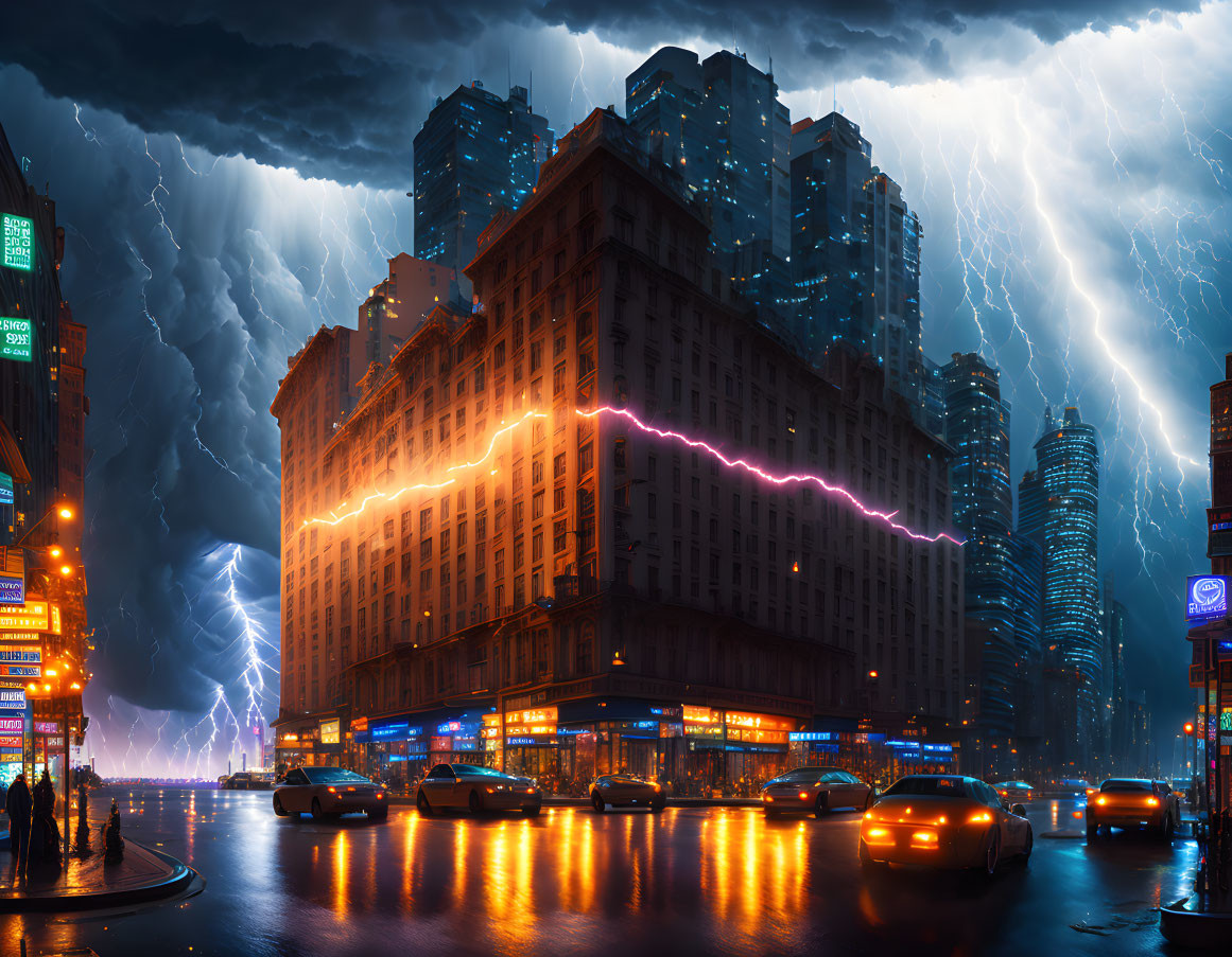 Night city corner with neon-lit buildings under stormy sky and lightning bolts