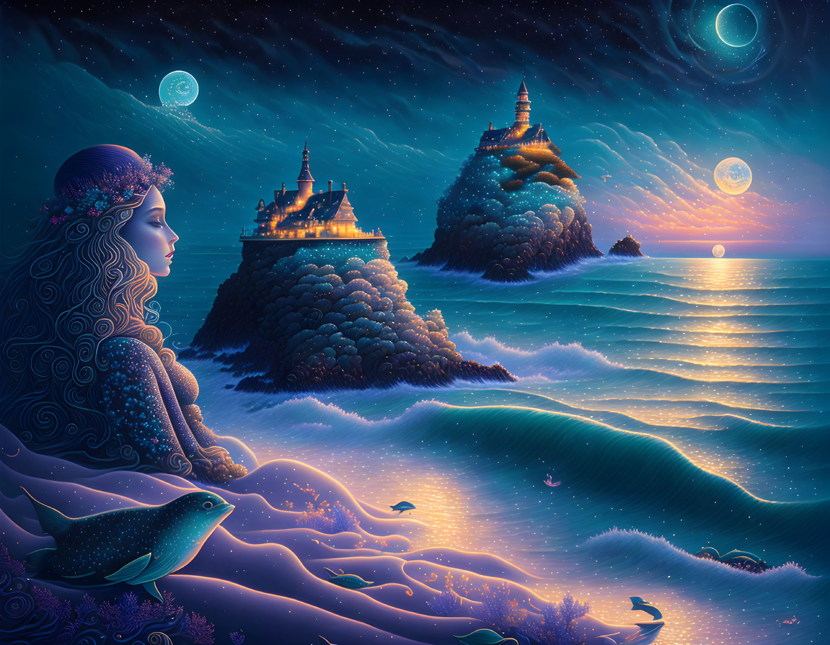 Surreal woman's profile merges with night seascape and castles