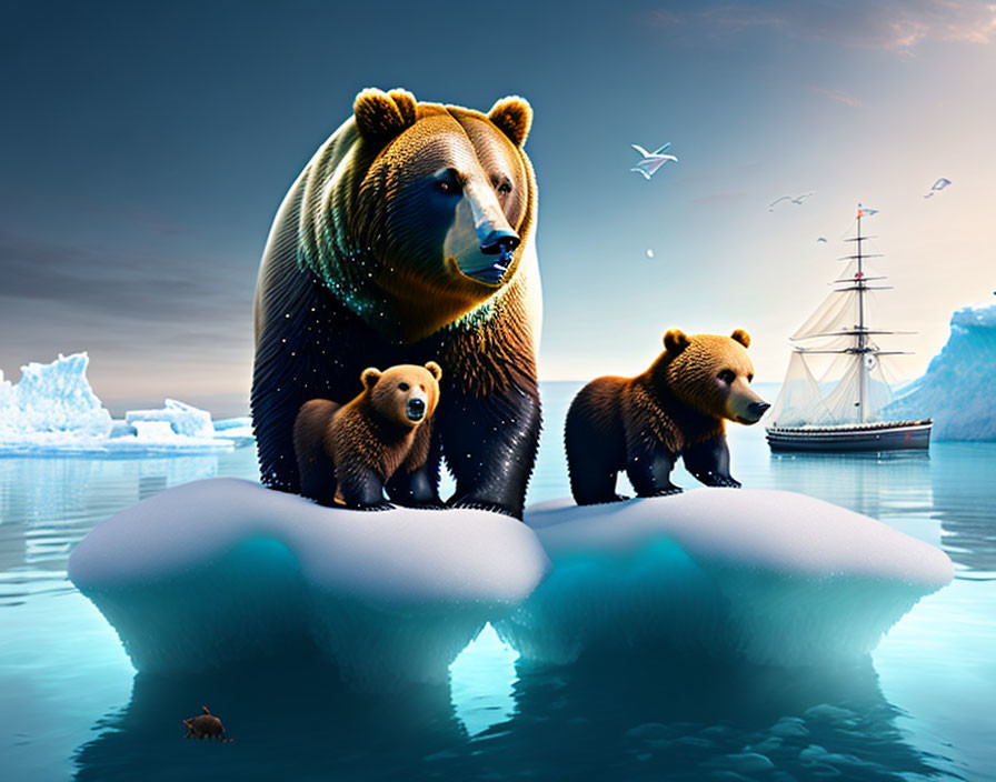 Surreal image of giant and small bears on icebergs with ship and seabirds