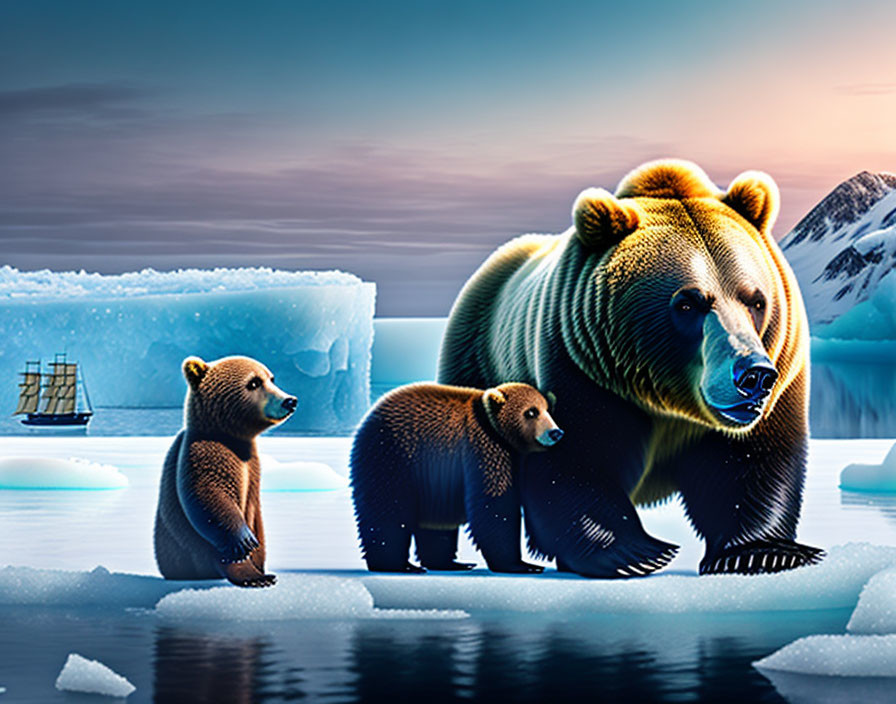 Mother bear and two cubs on ice floe with ship and mountains in twilight.