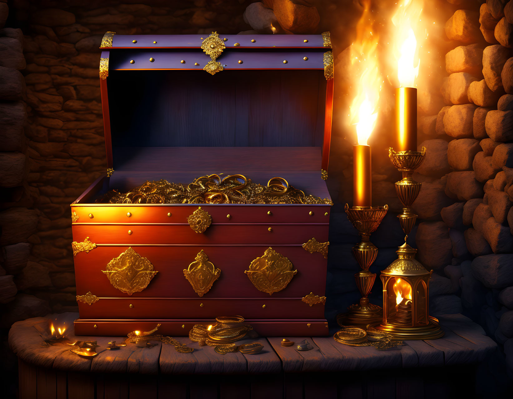 Treasure chest with gold coins and jewelry in candlelight