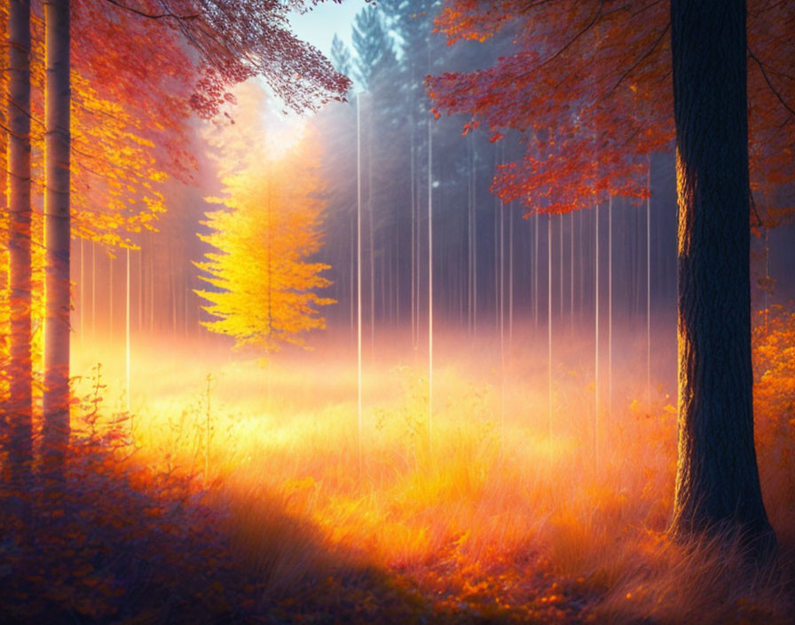 Autumn forest scene: Warm light, mist, orange and yellow leaves