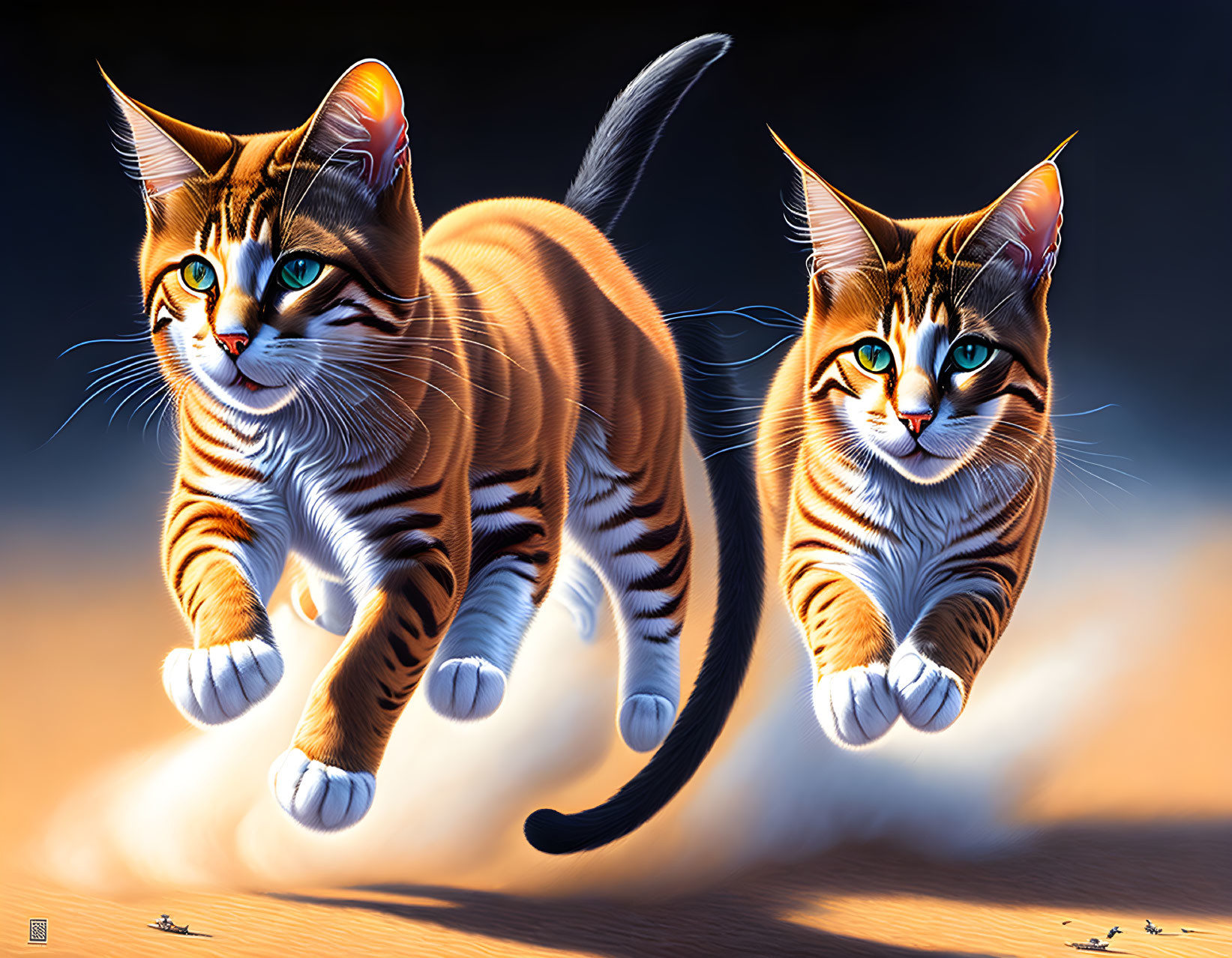 Striped Cats with Blue Eyes Playfully Leaping in Dusky Setting