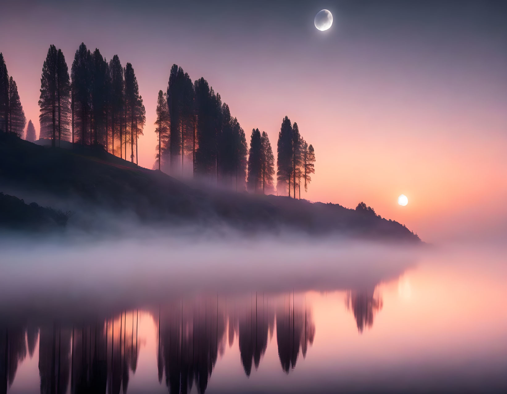 Tranquil crescent moon and sun over misty lake with silhouetted treeline