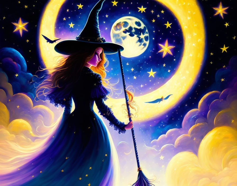 Colorful Witch Illustration Under Starry Night Sky with Moon and Birds