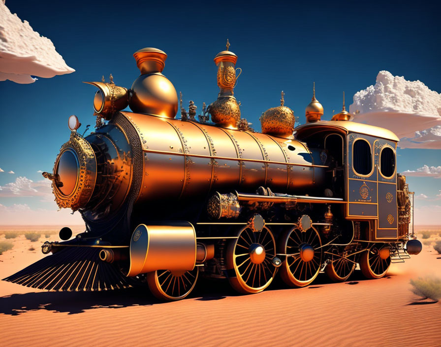 Steampunk-style train in desert landscape with golden details