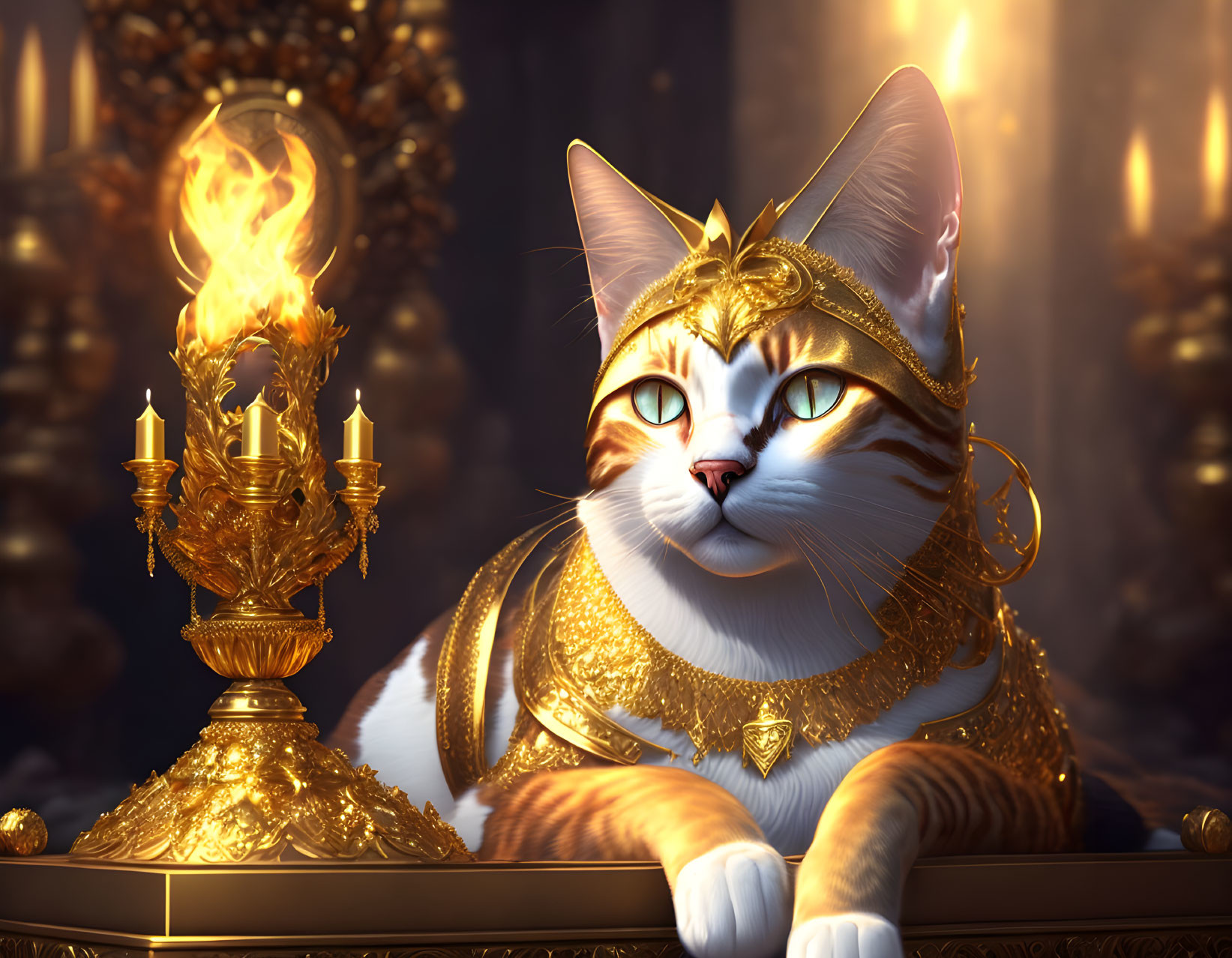 Regal cat in golden armor on throne with fiery torch