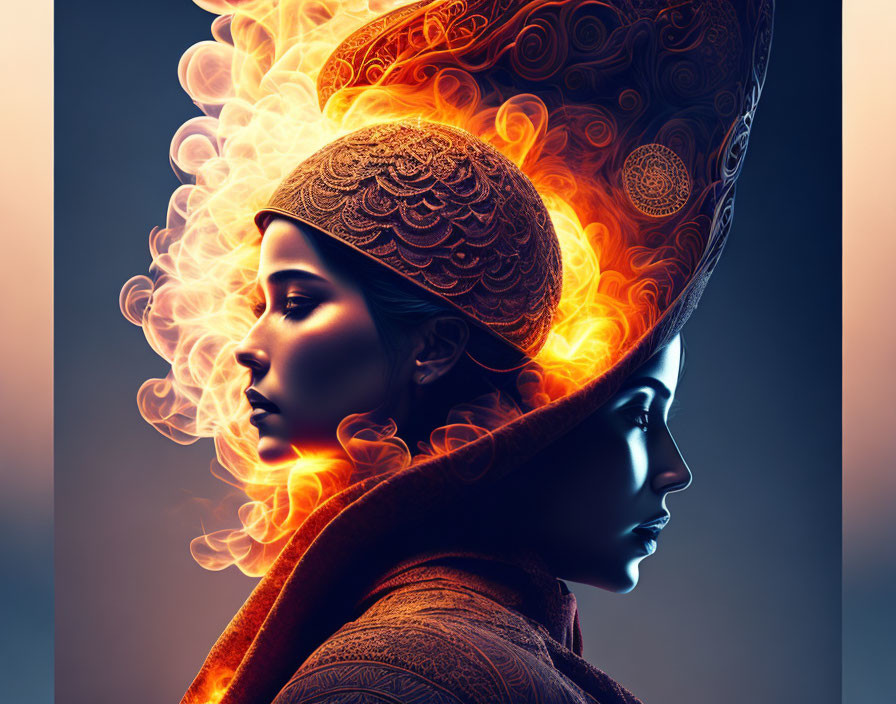 Woman with ornate fiery headdress against blue silhouette