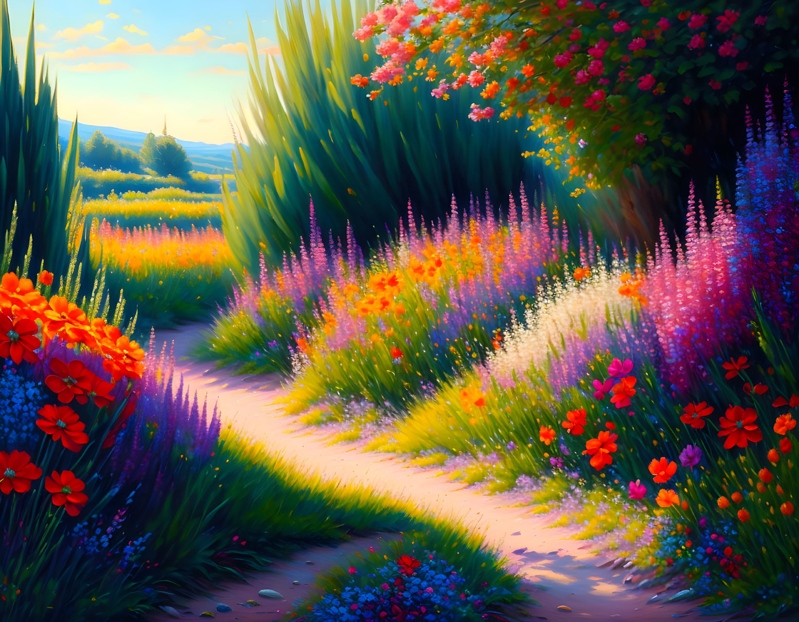 Colorful blooming flowers in vibrant garden pathway