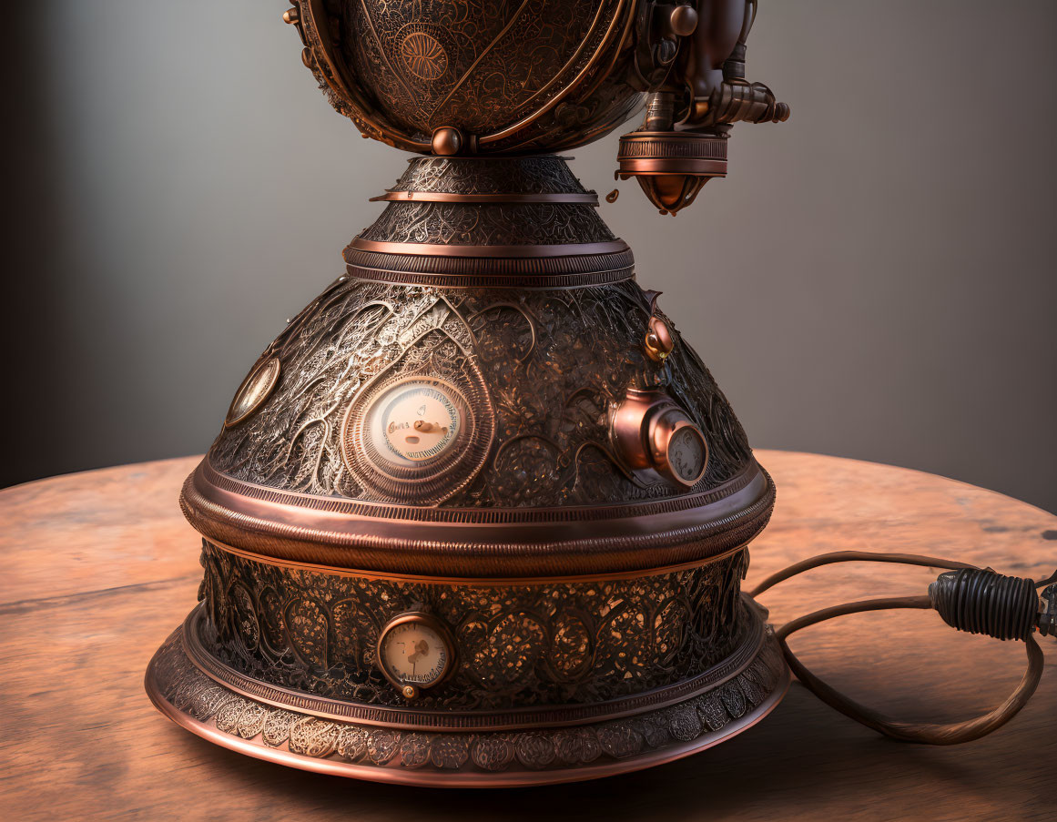 Vintage Ornate Diving Helmet with Intricate Patterns and Dials on Wooden Surface