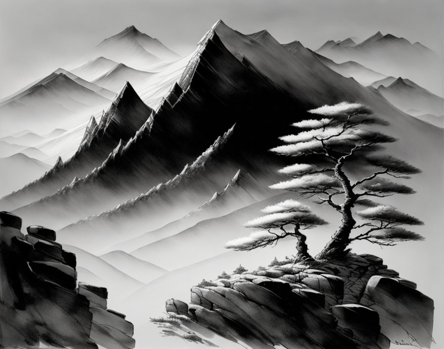 Monochrome ink painting of solitary tree on rocky outcrop with misty mountains.