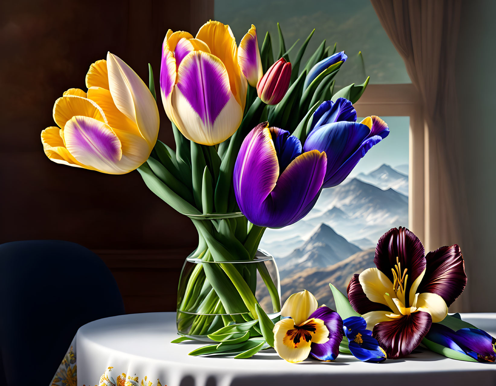 Colorful tulip bouquet in glass vase with mountain view backdrop