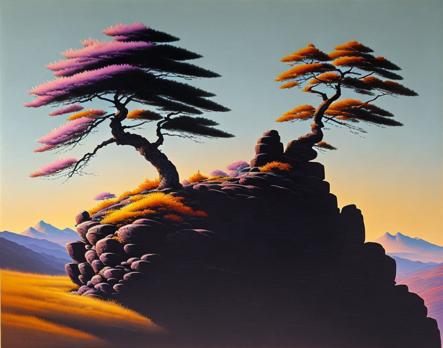 Surreal landscape with stylized purple and orange trees on rocky outcrop