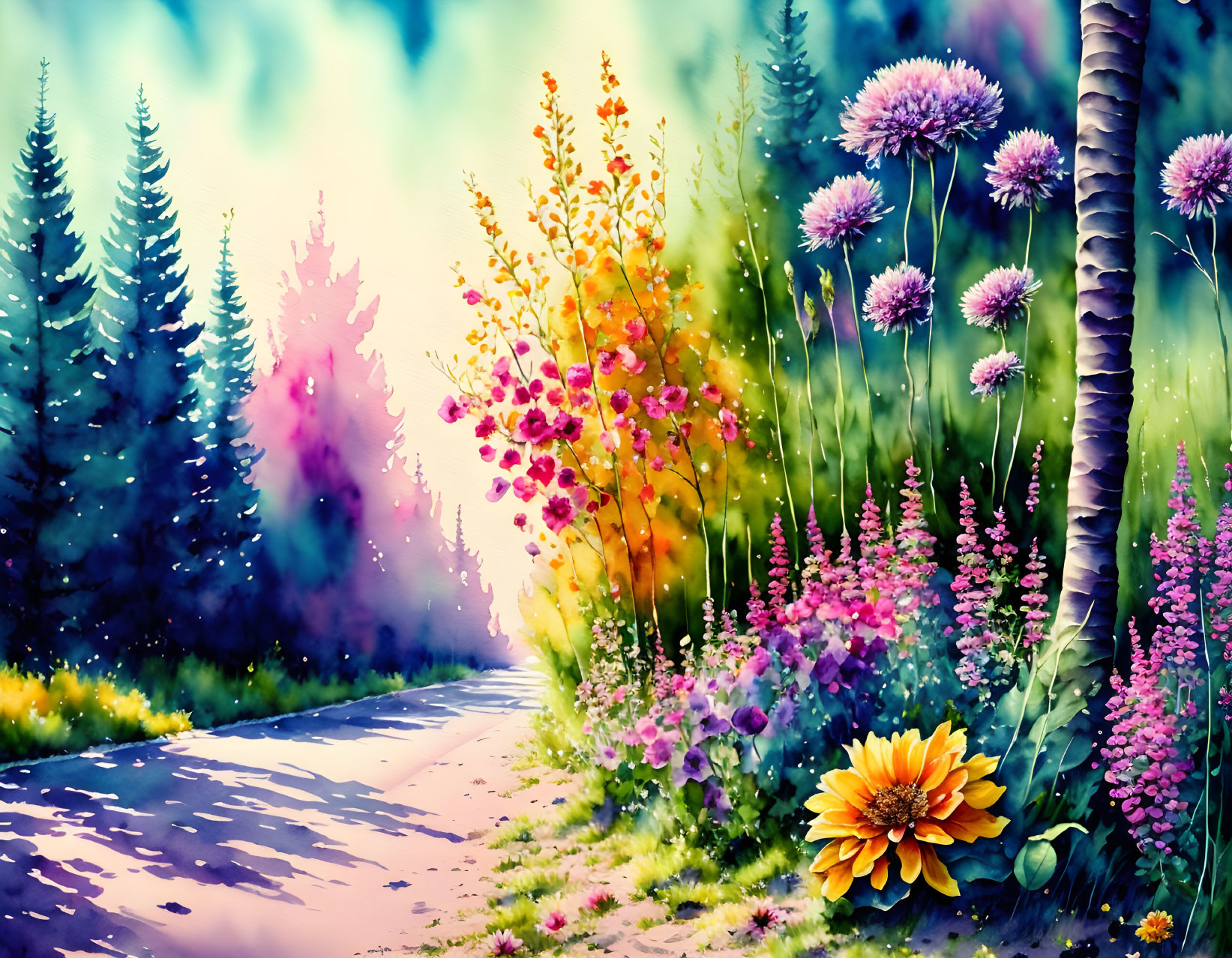 Colorful Landscape Painting with Path, Trees, and Flowers