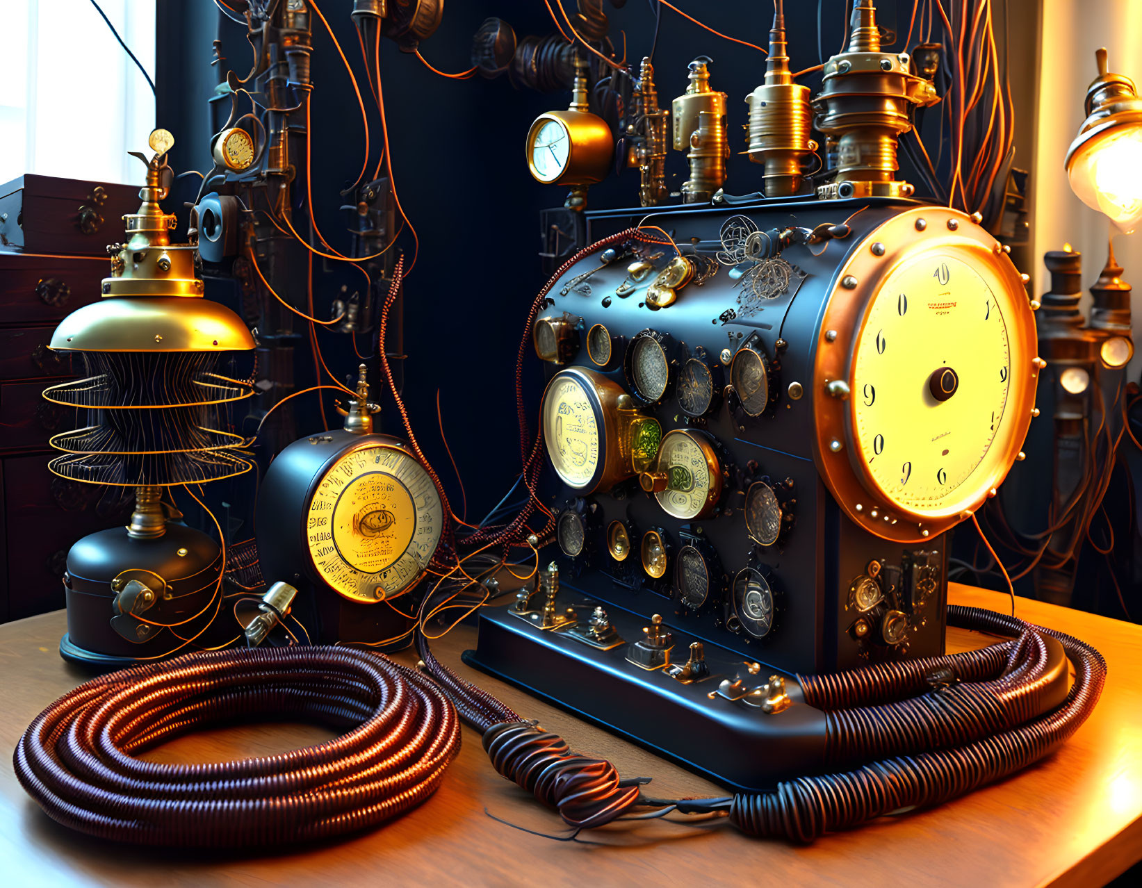 Steampunk apparatus with brass dials, gauges, copper wires, and glowing light bulbs on