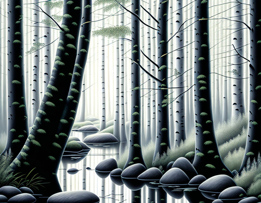 Serene Bamboo Forest Illustration with Misty Atmosphere