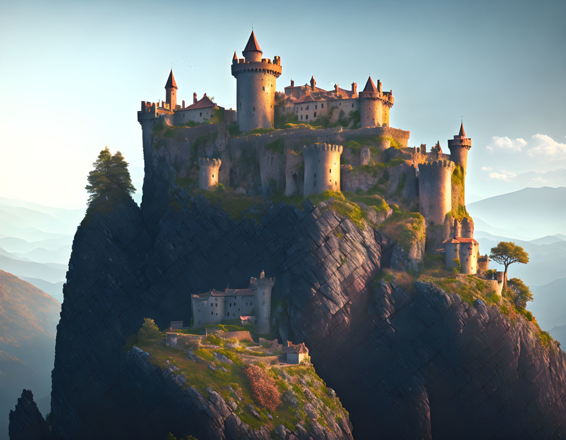 Castle with Towers and Battlements on Steep Cliff in Mountainous Landscape