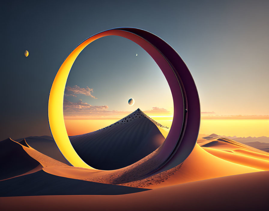 Surreal desert landscape with giant ring structure and colorful sky