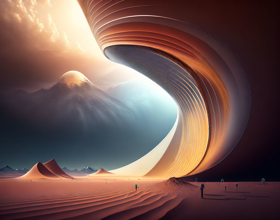 Surreal desert landscape with giant wave structure and dramatic sky