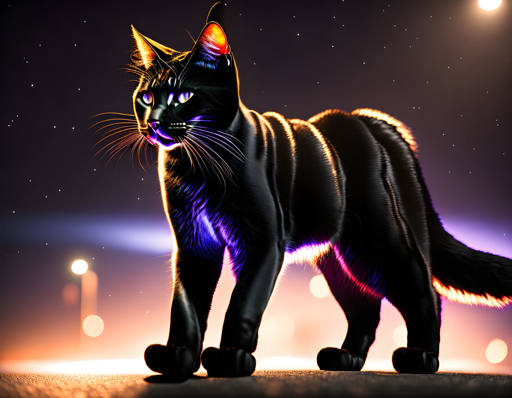 Glowing neon stripes on sleek cat at dusk