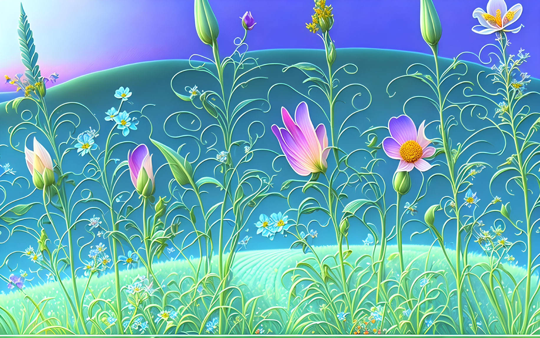 Colorful meadow illustration with flowers and butterfly against blue sky.