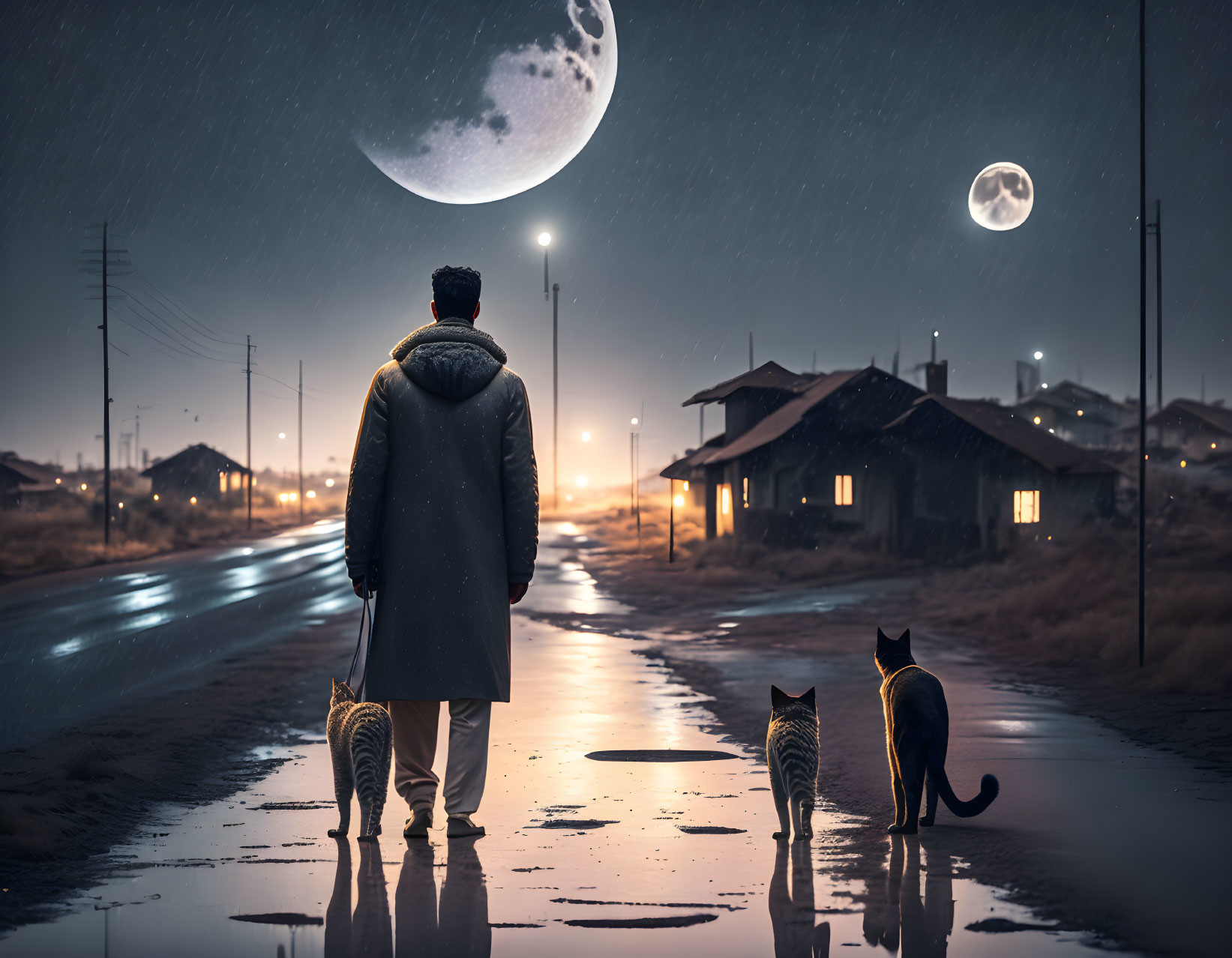 Man with three cats under large moon on wet road at night