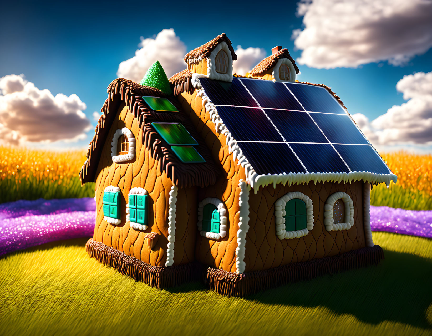 Illustrated gingerbread house with solar panels in vibrant flower landscape