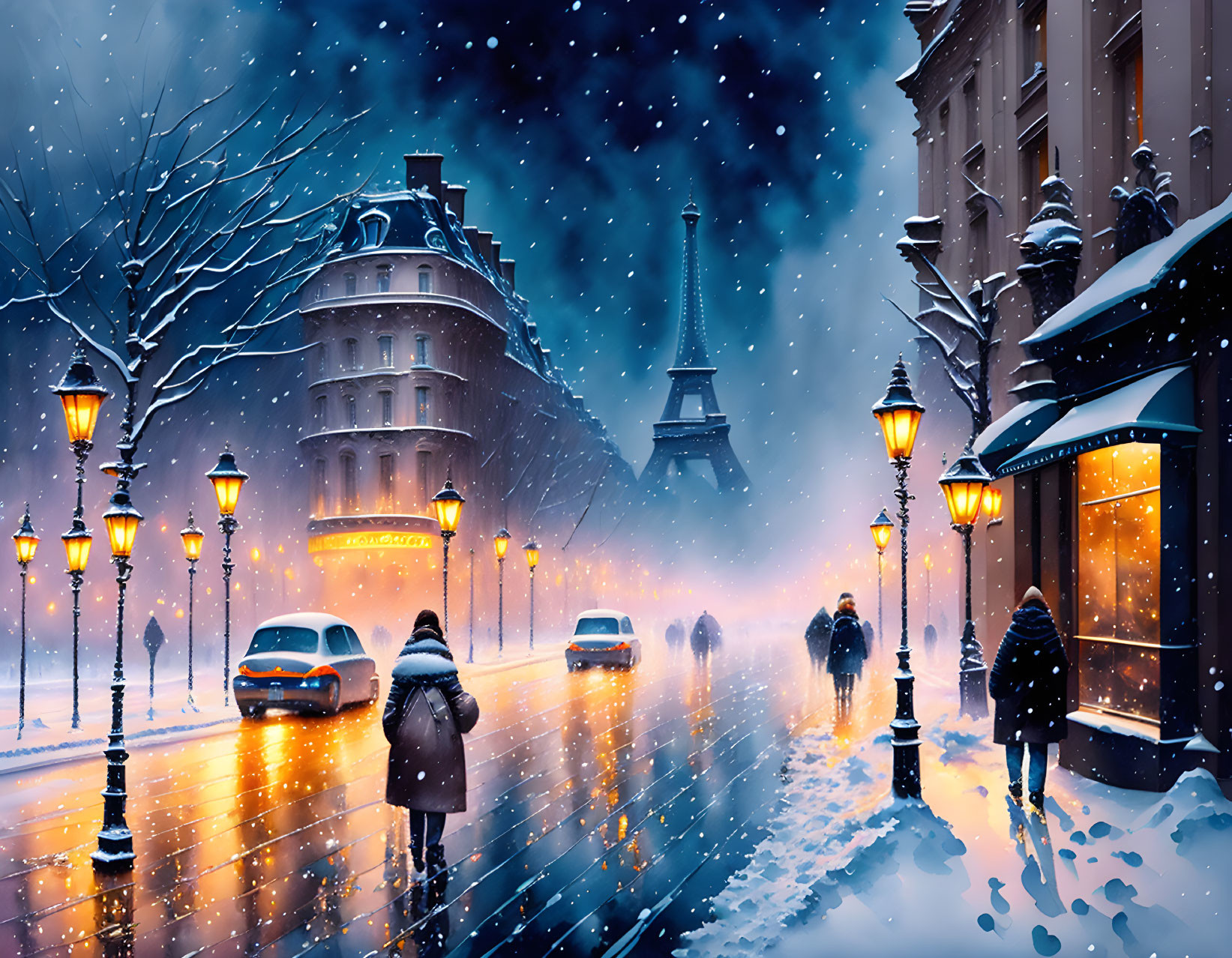 Snowy Paris Street Night Scene with Pedestrians, Cars, Lamps, and Eiffel