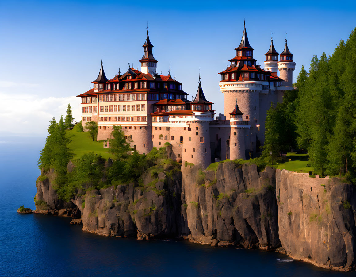 Castle on Cliff with Greenery under Blue Sky