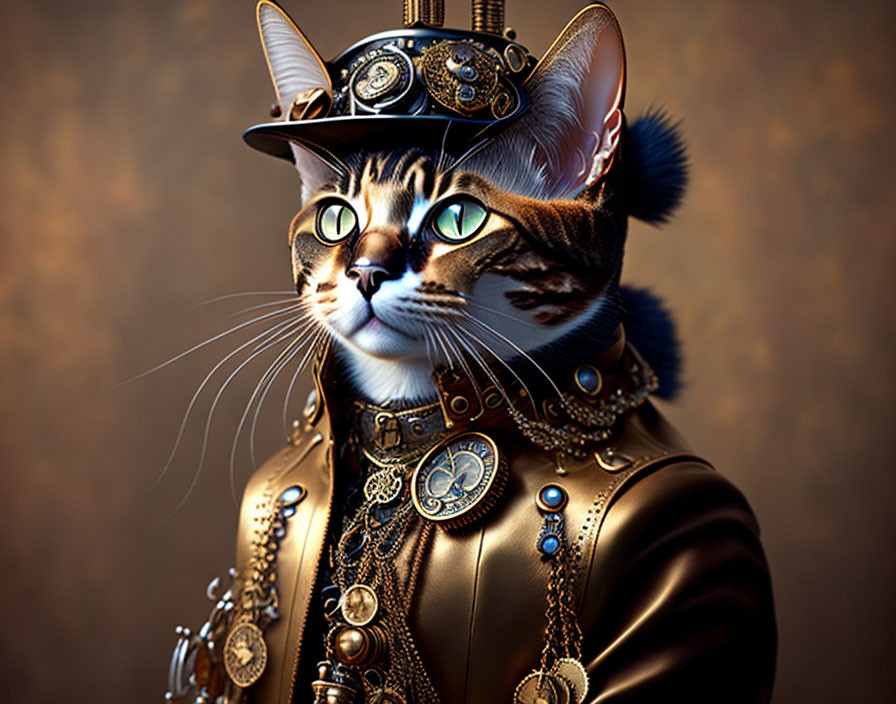 Cat in steampunk attire with human-like features