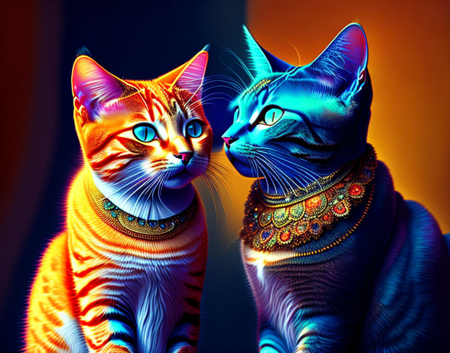 Vibrantly colored digital art cats with intricate patterns and jewelry on orange and blue background