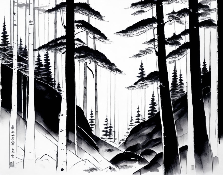 Serene forest scene with tall trees and mountains in monochrome ink art