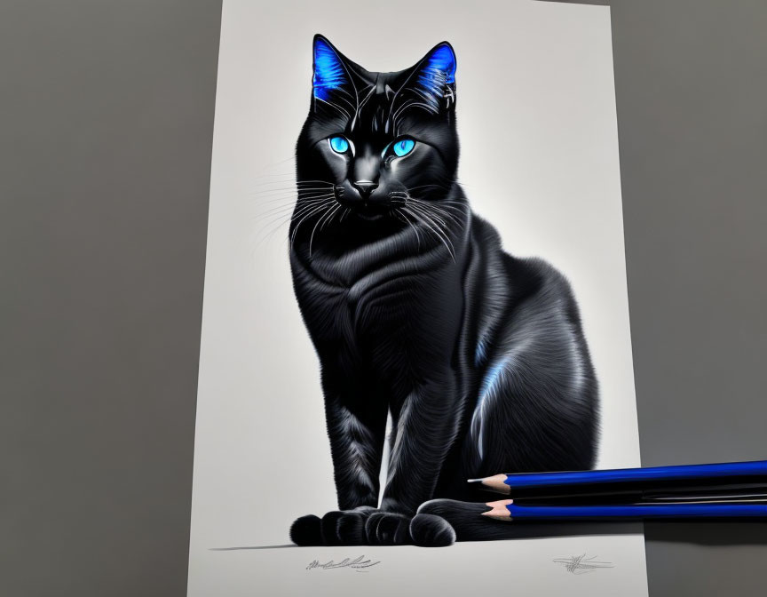 Digital artwork: Black cat with blue eyes next to blue pencils on white surface