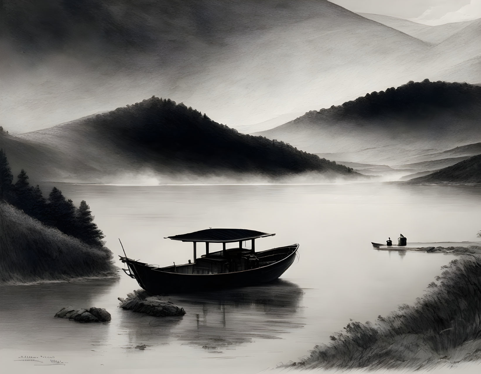 Tranquil monochrome river landscape with mist, hills, and boats