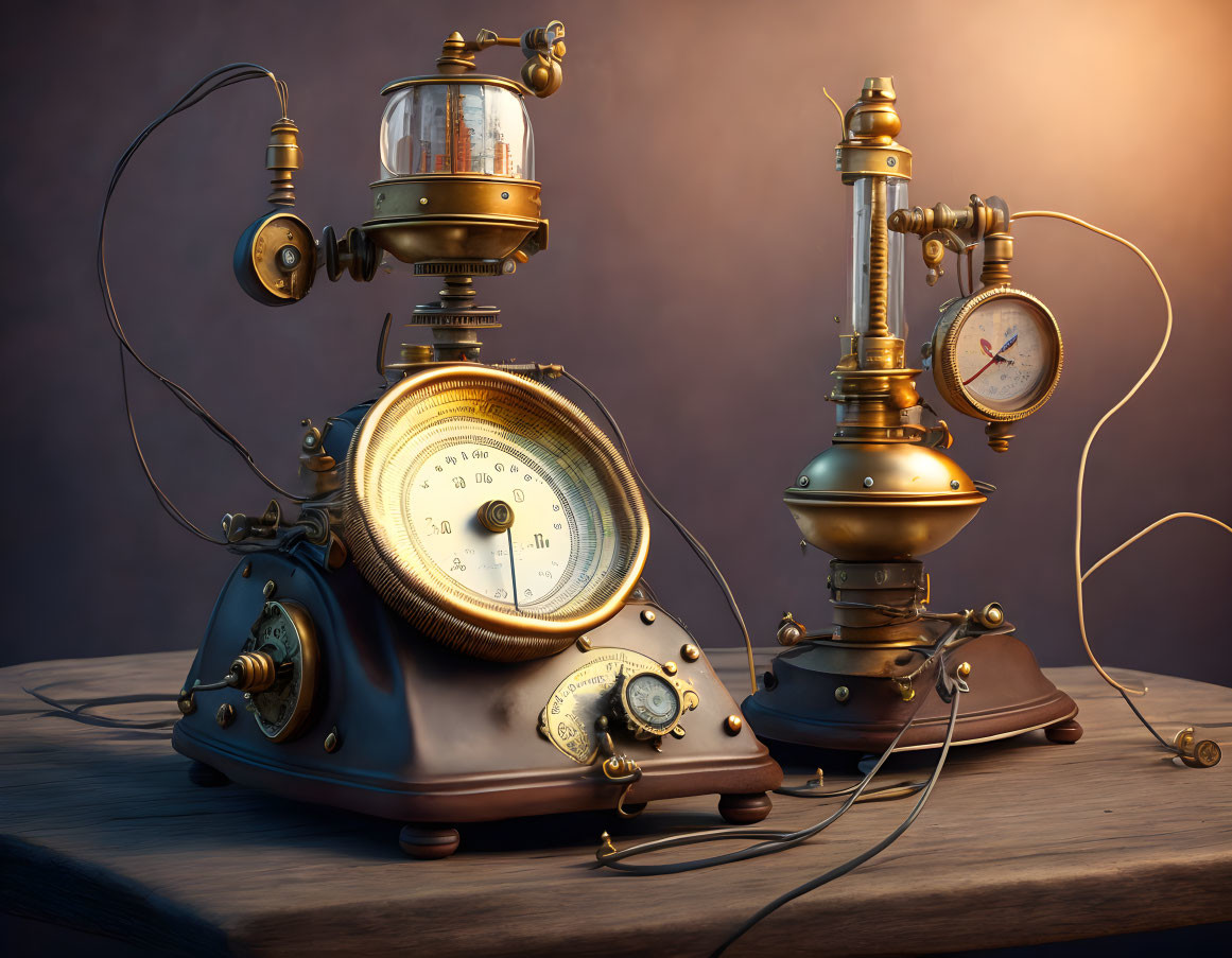 Steampunk-inspired apparatuses with gauges, tubes, and brass details on wooden surface.