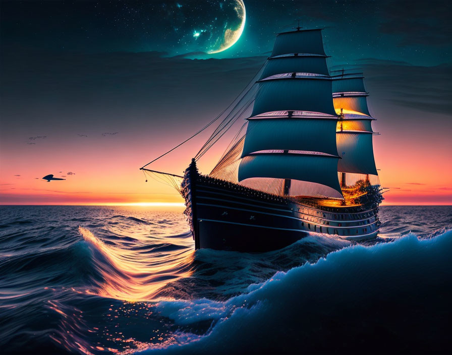 Sailing ship at dusk with unfurled sails and crescent moon