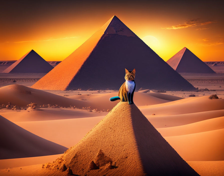 Cat on sand dune with Great Pyramids at sunset