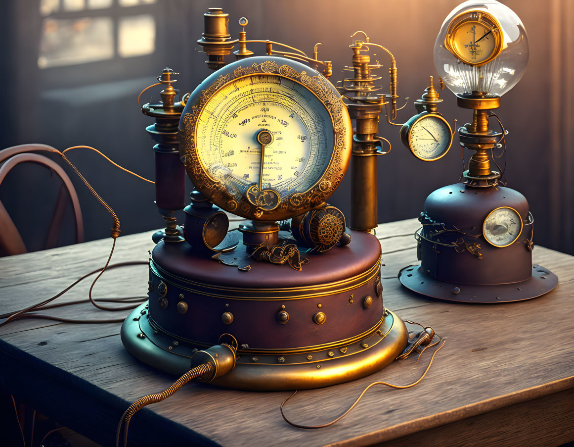 Steampunk apparatus: Vintage design with gauges, bulbs, and brass details