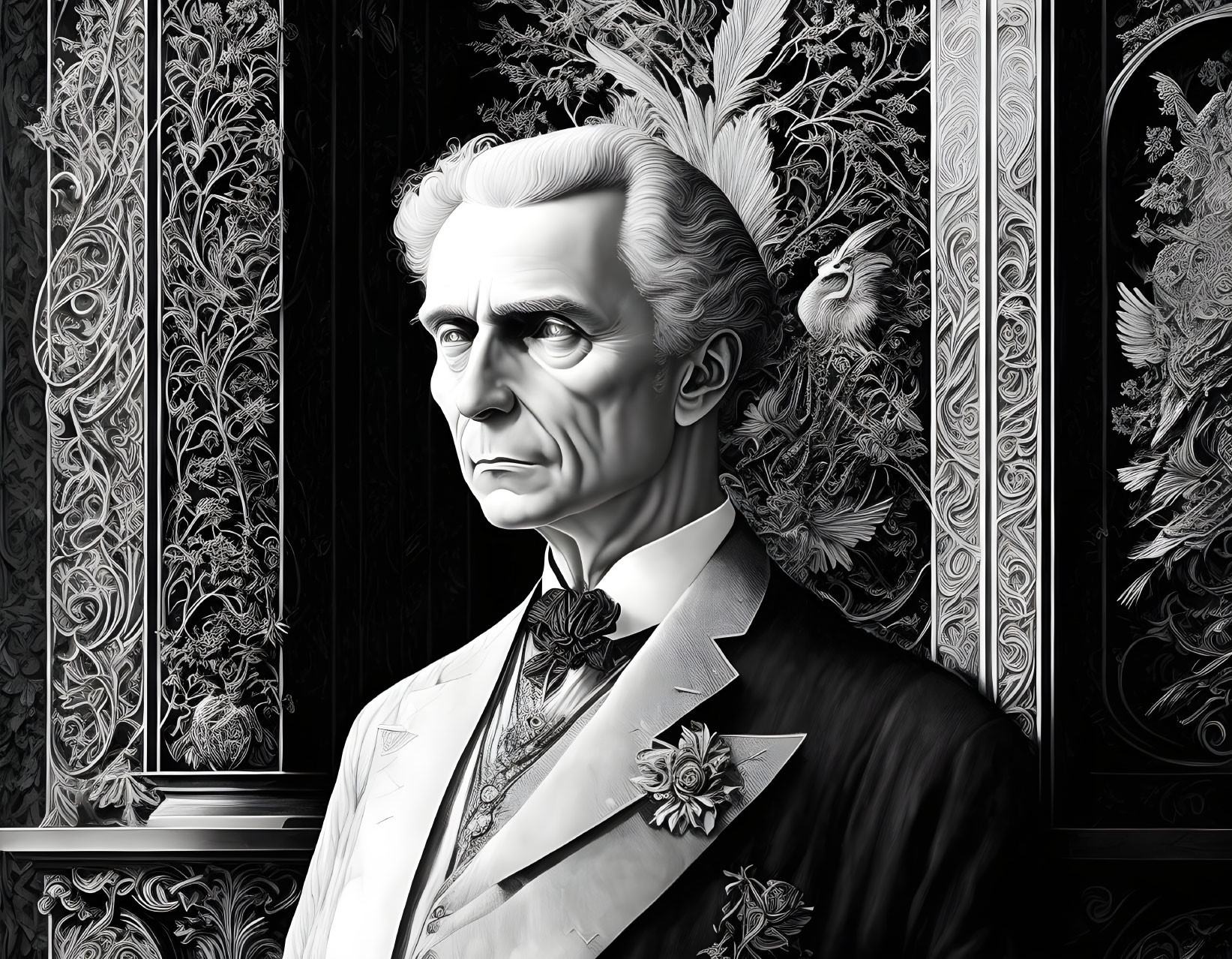 Detailed monochrome portrait of a stern man in formal attire with a flower, against ornate backdrop