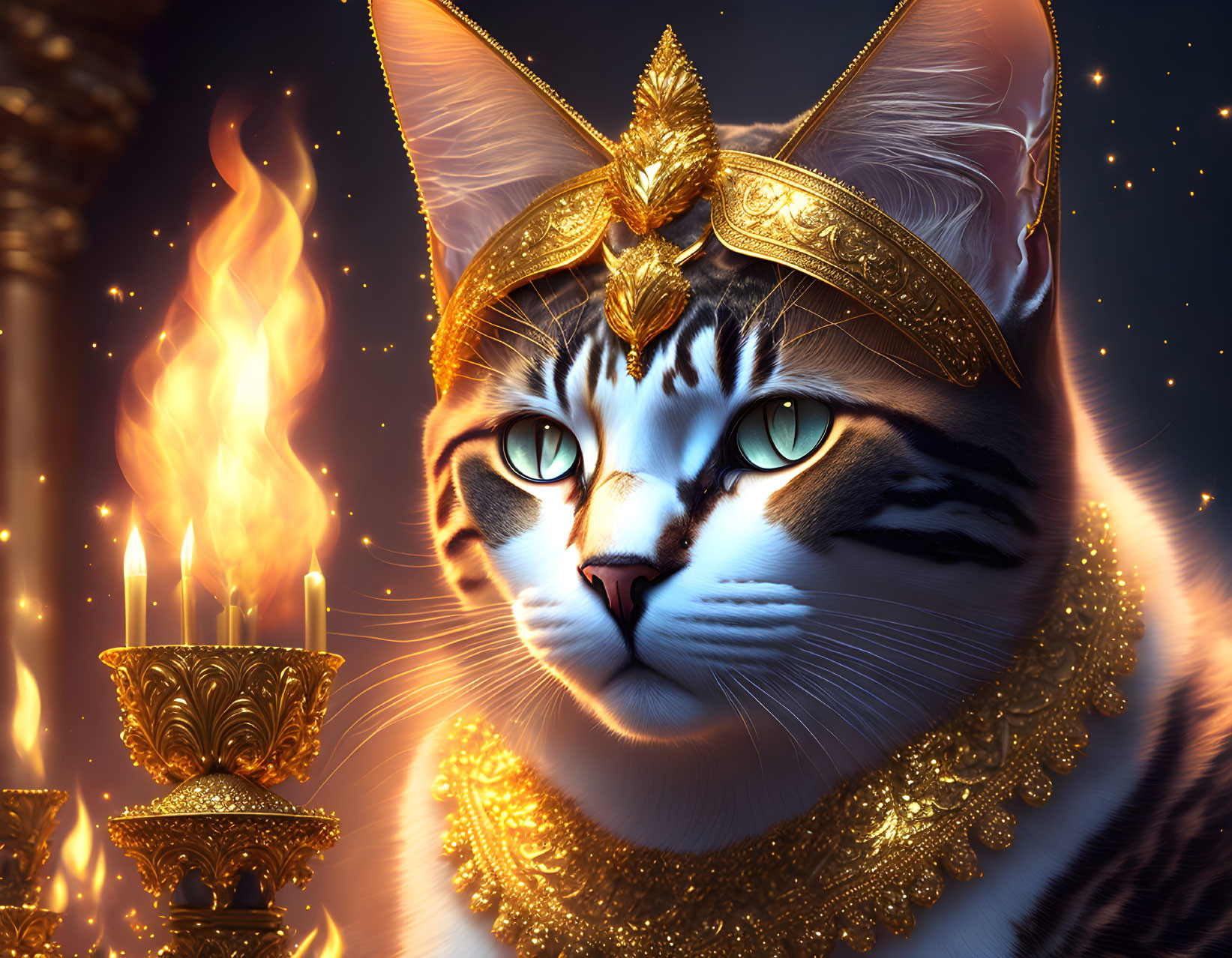 Regal cat with golden headdress and jewelry by candle holder