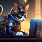 Steampunk cat in mechanical suit and goggles using laptop on warm glowing background