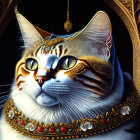 Regal cat with golden tiara and collar in gothic arches setting