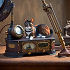 Calico Cat on Steampunk Contraption with Mechanical Ambiance