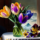 Colorful tulip bouquet in glass vase with mountain view backdrop