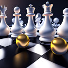 Chessboard with white pieces and golden orbs in 3D-rendered image