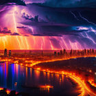 Luminous city skyline under dramatic night sky with lightning storm