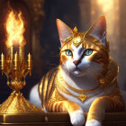 Regal cat in golden armor on throne with fiery torch