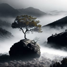 Misty mountain landscape with solitary tree and rolling fog-covered hills