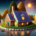 Fantasy gingerbread house with solar panels in starlit village by water